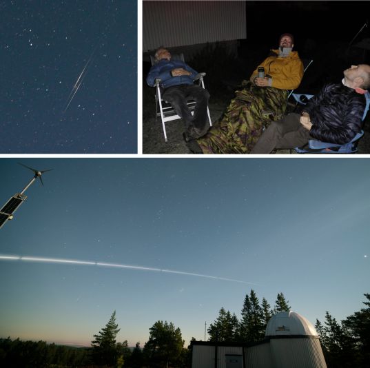 Perseidene 2022 fra NOVA. To Perseider i parallell (øverst til venstre; A. Birkeland), tre av observatørene (R. Solberg) og SpaceX Falcon 9 over himmelen (nederst; A. Birkeland)