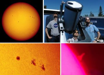 Bilder tatt med hvittlysfilter og hydrogenalfa, samt tre av deltakerne på solobservasjonene.