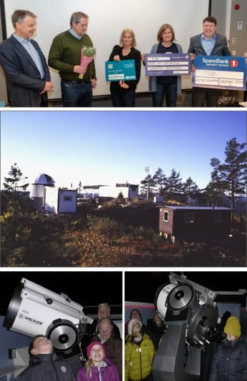 a) Støtte til prosjektet overrekkes fra tre stiftelser. b) NOVA rett etter innvielsen i 1990. c) Observasjoner på NOVA gir barn, unge og voksne et vindu utover i Universet
